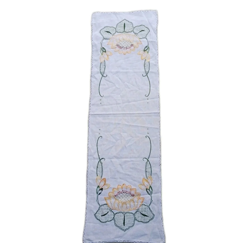 Vintage Linen Dresser Scarf Yellow Lotus Lace